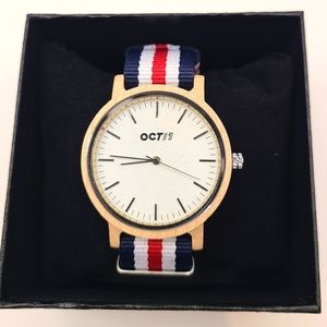 OCT17 Wooden Watch Bamboo Nylon Strap Red/White/Blue NEW